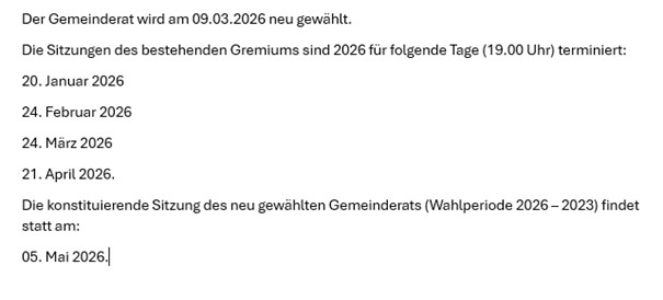 Sitzungstermine 2026 bis Neuwahl